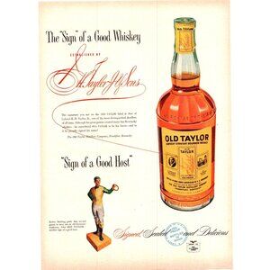 1952 Old Taylor Bourbon Whiskey Vintage Print Ad Horse Jockey Statue Wall Art